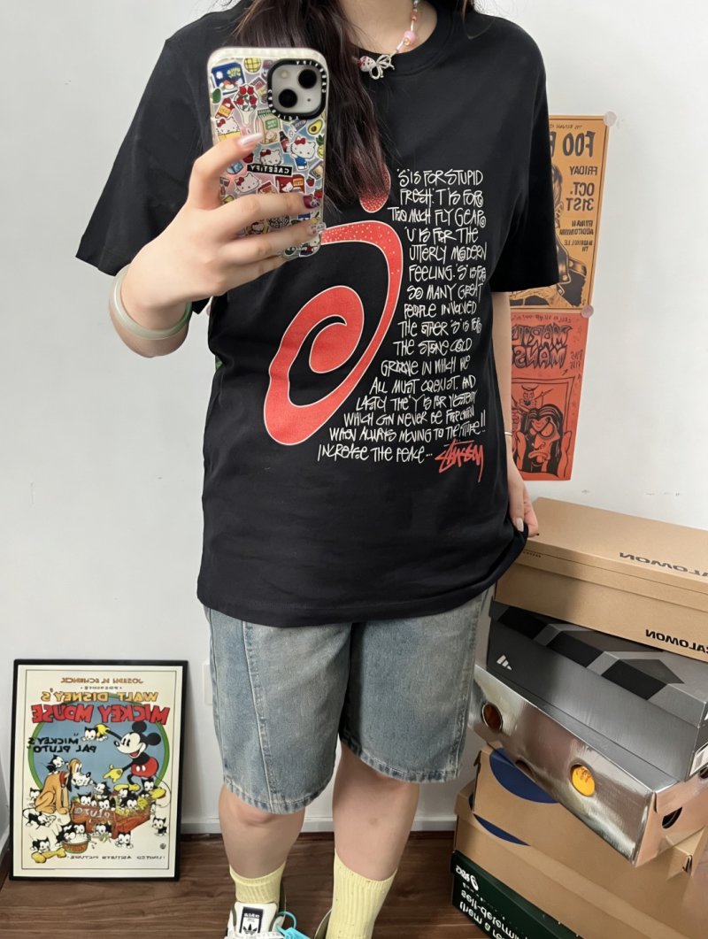 Black Graphic Print Short Sleeve T-Shirt with Red Wave Logo view
