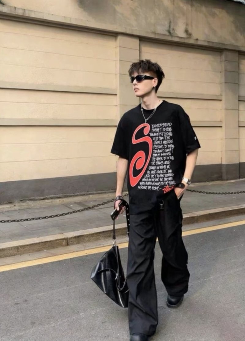 Black Graphic Print Short Sleeve T-Shirt with Red Wave Logo view