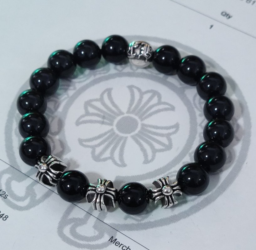 Chrome Hearts Black Onyx Beaded Bracelet with Silver Cross Charms