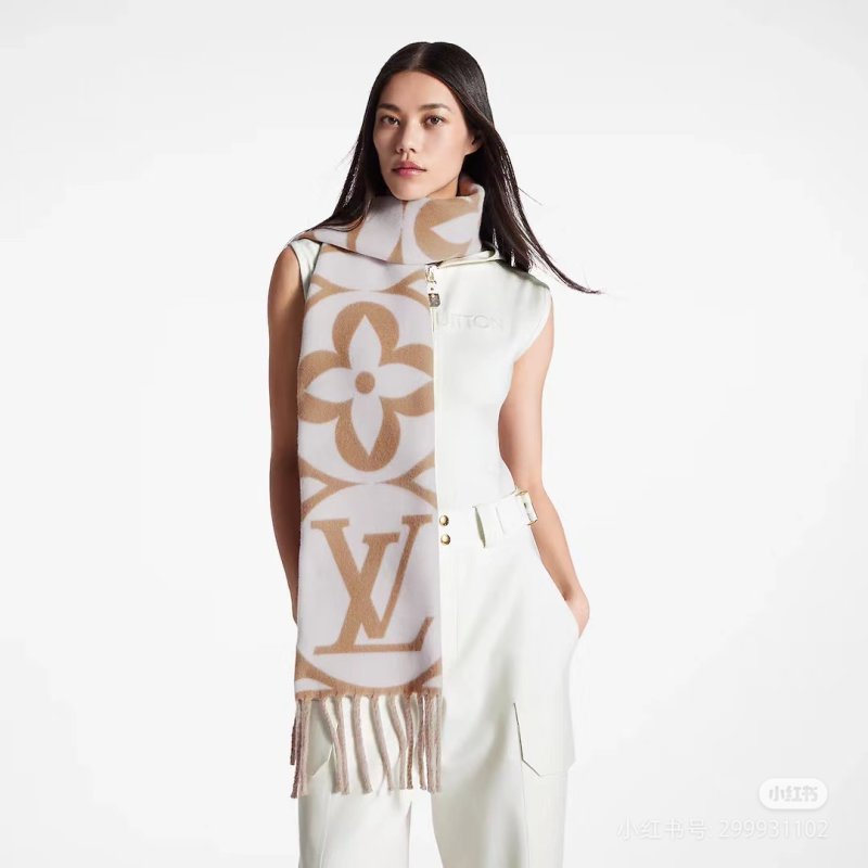 Louis Vuitton LV Monogram Double-Sided Wool Cashmere Scarf Cream Tan