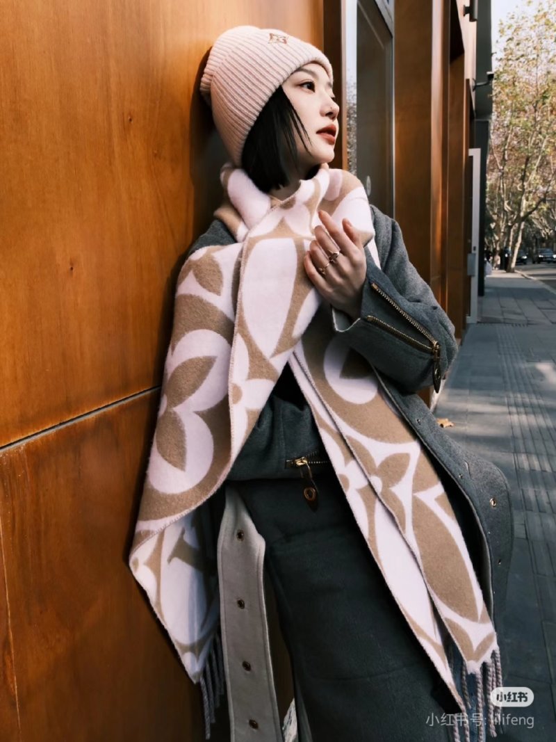 Louis Vuitton LV Monogram Double-Sided Wool Cashmere Scarf Cream Tan view