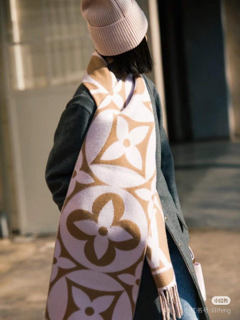 Louis Vuitton LV Monogram Double-Sided Wool Cashmere Scarf Cream Tan view