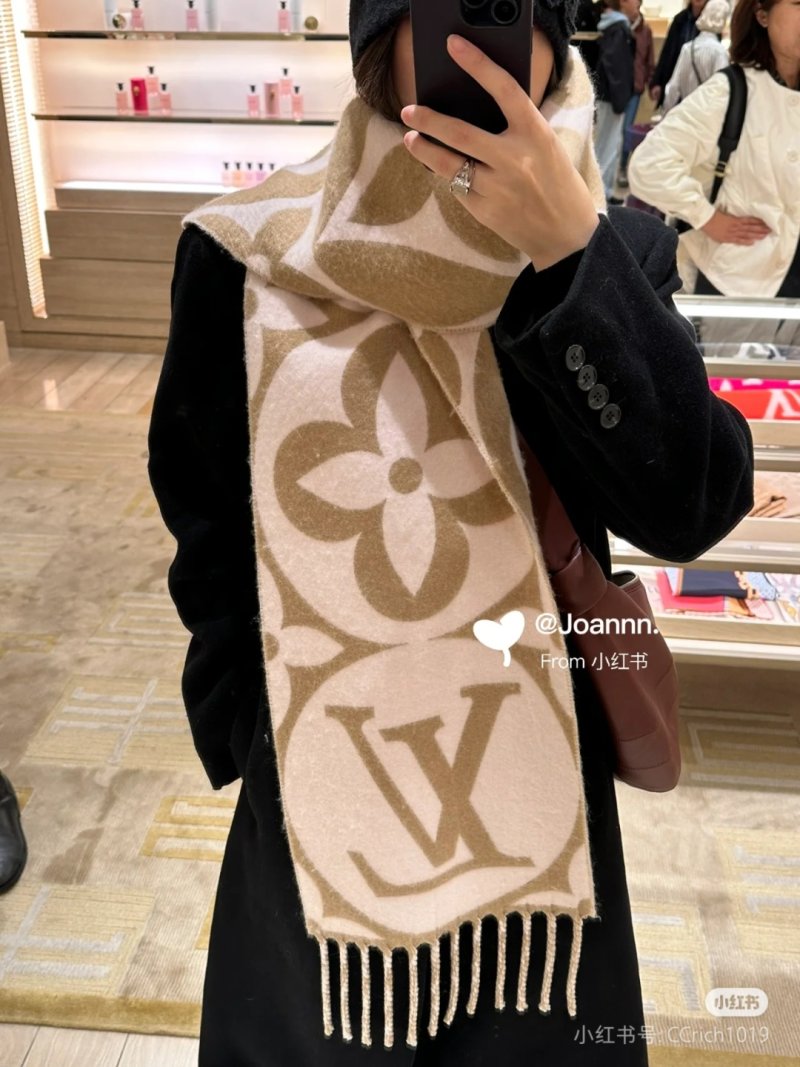 Louis Vuitton LV Monogram Double-Sided Wool Cashmere Scarf Cream Tan view