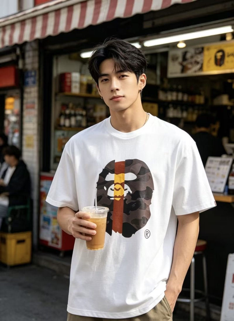 White Graphic Short Sleeve T-Shirt with Camo Ape Design view