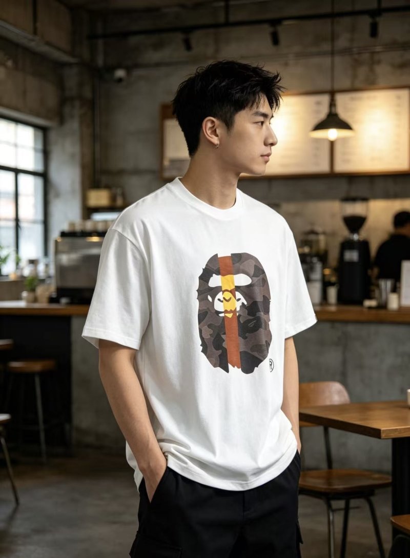 White Graphic Short Sleeve T-Shirt with Camo Ape Design view