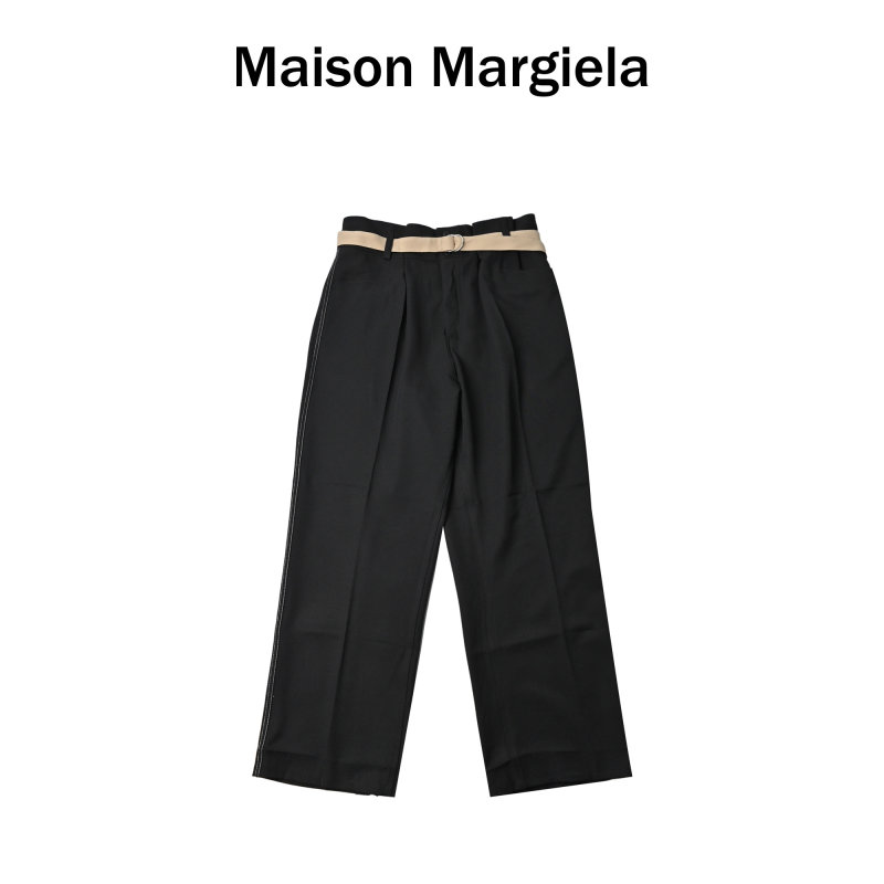 Black Wide-Leg Trousers with Cream Waistband view
