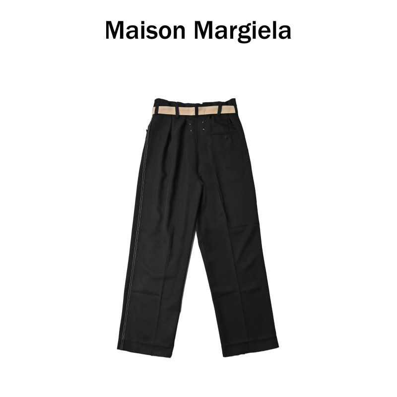 Black Wide-Leg Trousers with Cream Waistband view