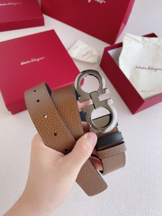 Salvatore Ferragamo Gancini Double-Face Leather Belt Tan