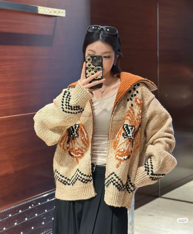 Cream Knit Cardigan with Orange & Black Geometric Pattern view