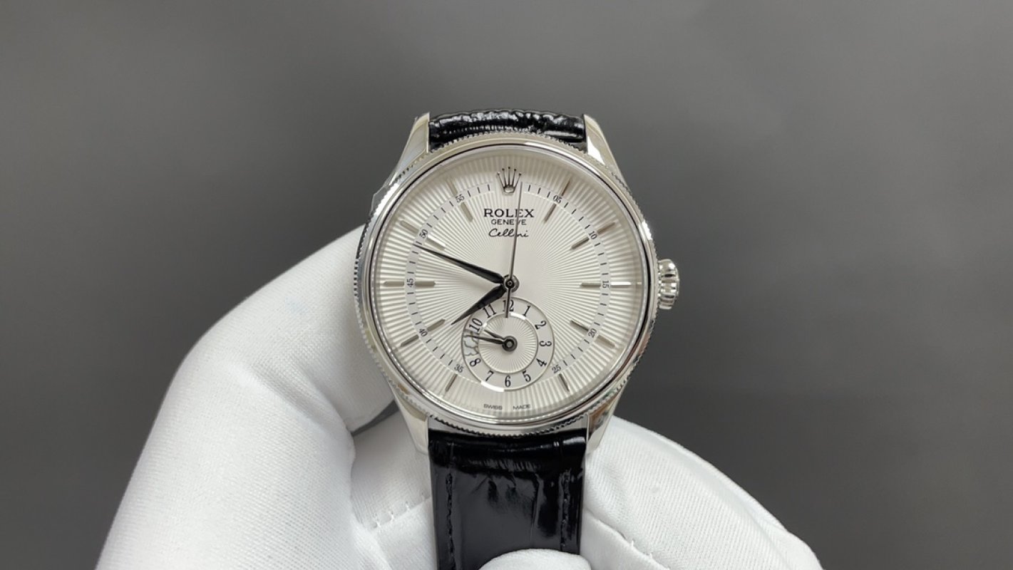 Rolex Cellini Dual Time 39mm Silver Dial Leather Strap Watch