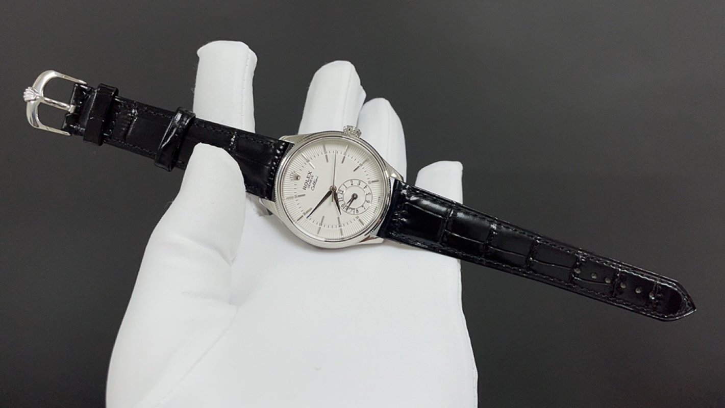 Rolex Cellini Dual Time 39mm Silver Dial Leather Strap Watch view