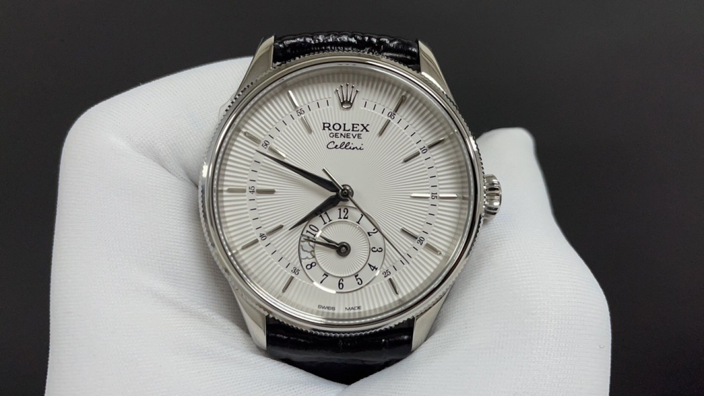 Rolex Cellini Dual Time 39mm Silver Dial Leather Strap Watch view