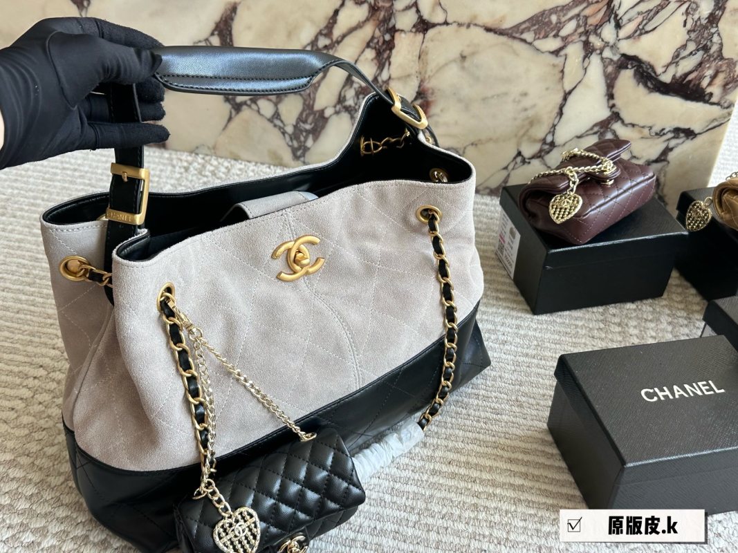 Chanel Suede Two-Tone Hobo Tote Bag - Camel & Black view