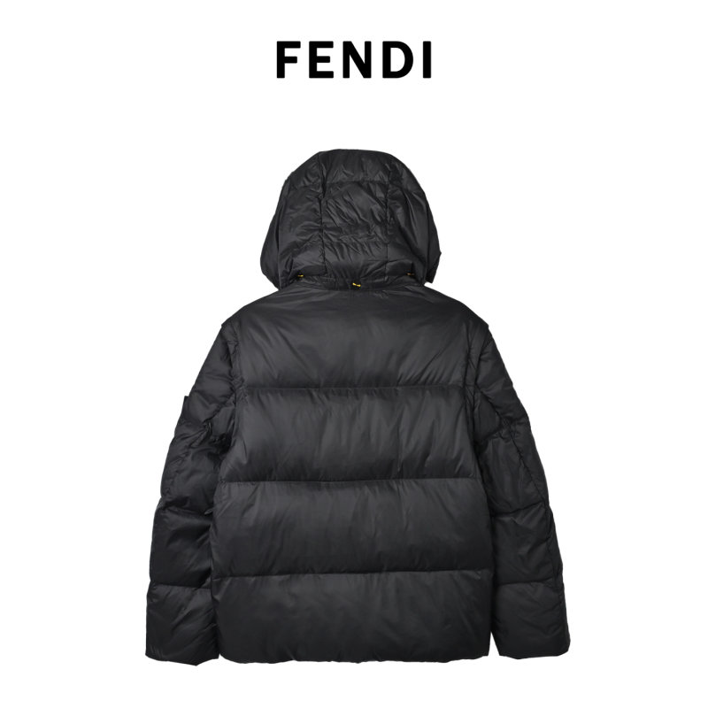 Black Quilted Down Puffer Jacket with Yellow Straps view