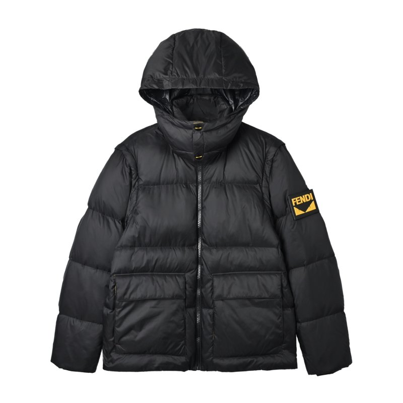 Black Quilted Down Puffer Jacket with Yellow Straps view