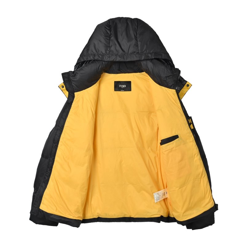 Black Quilted Down Puffer Jacket with Yellow Straps view