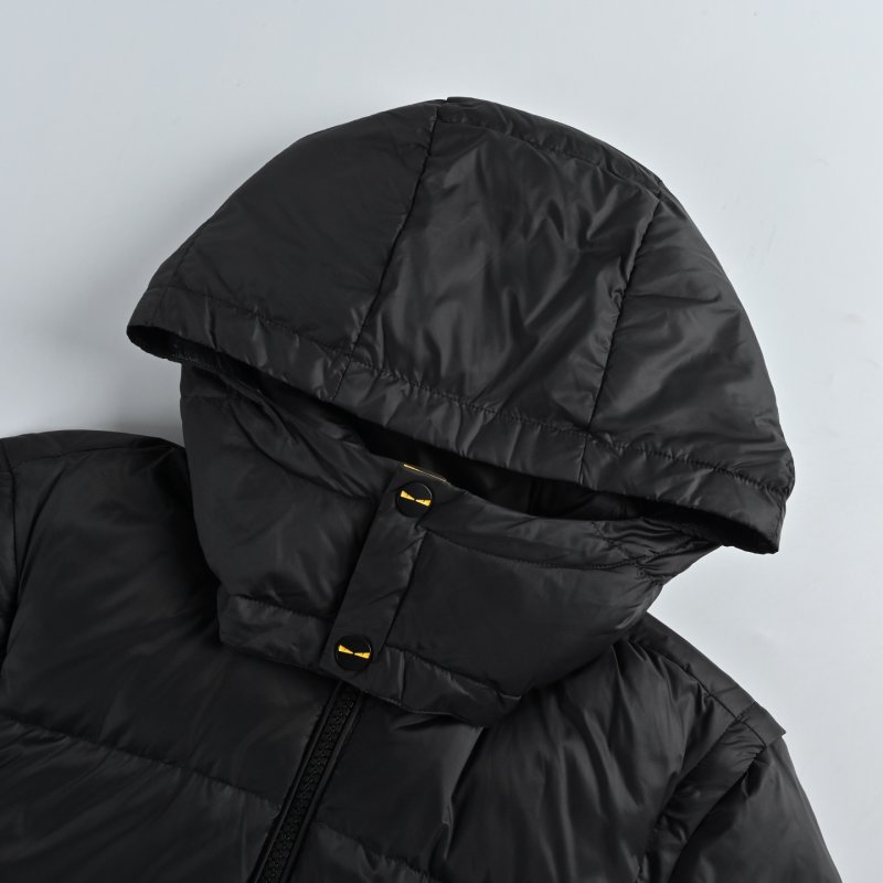 Black Quilted Down Puffer Jacket with Yellow Straps view