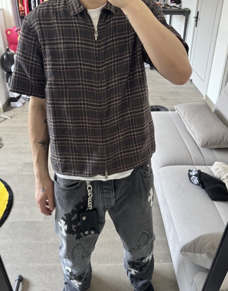 Black Plaid Short Sleeve Zip Shirt