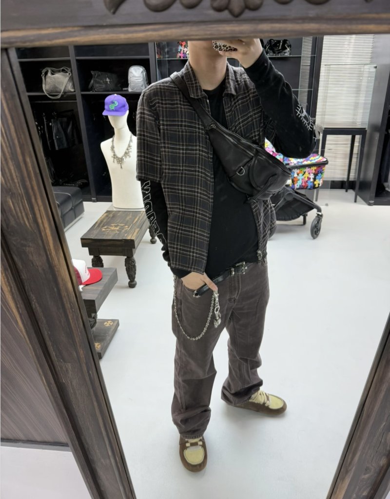 Black Plaid Short Sleeve Zip Shirt view