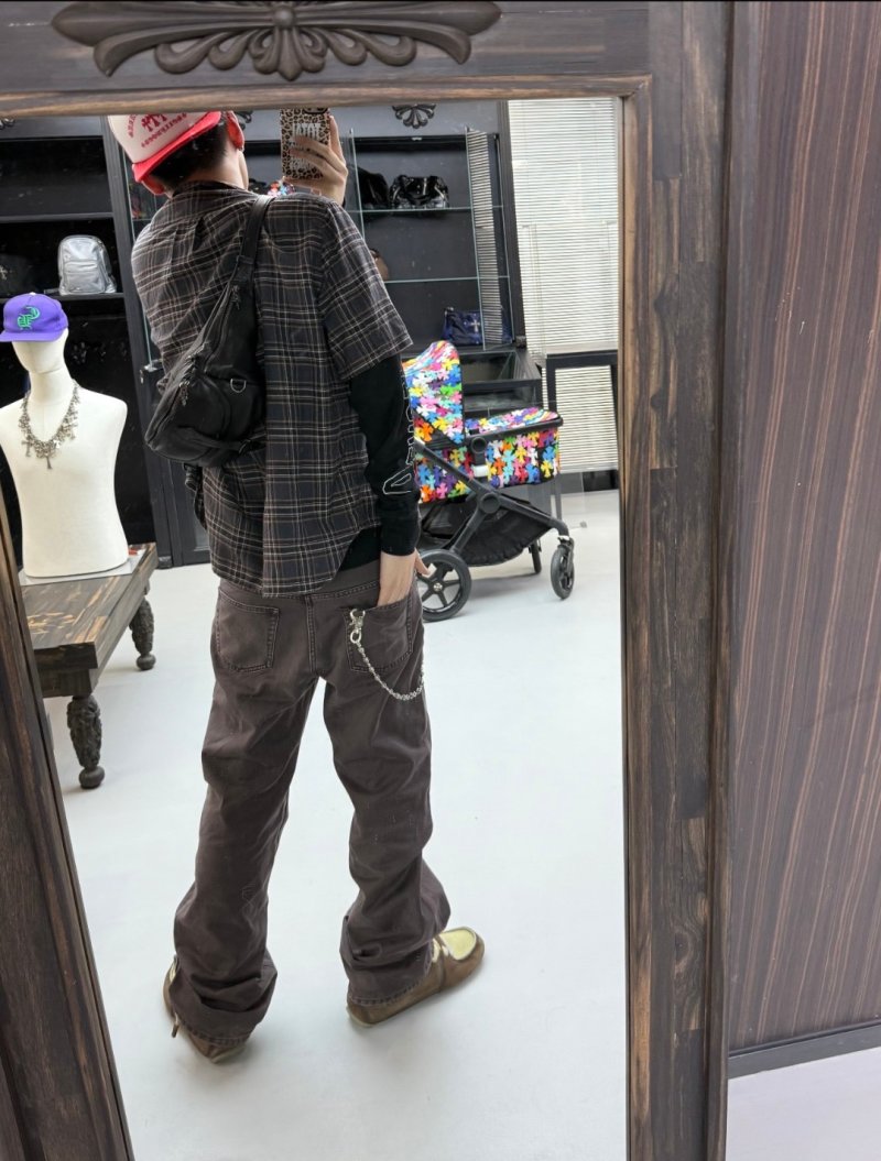 Black Plaid Short Sleeve Zip Shirt view