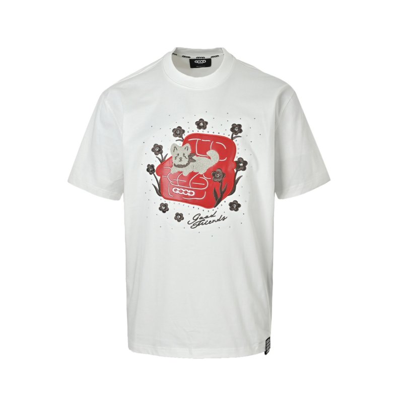 White Graphic T-Shirt with Red Bear and Floral Print view
