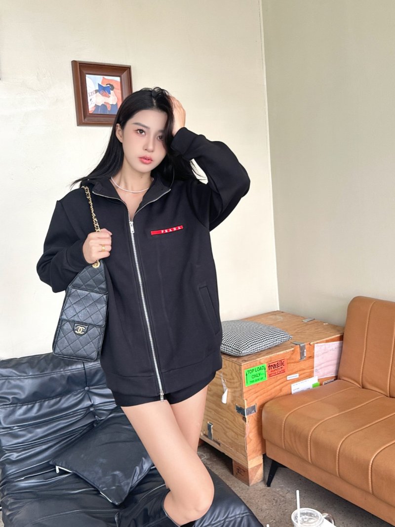 Essentials Black Zip-Up Jacket with Red Stripe Detail view