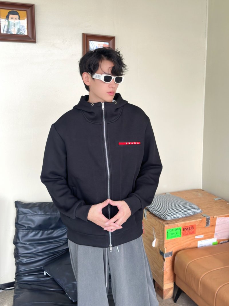 Essentials Black Zip-Up Jacket with Red Stripe Detail view