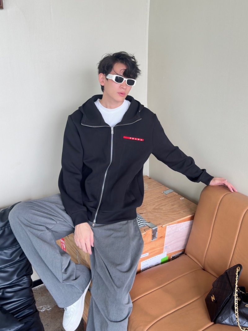 Essentials Black Zip-Up Jacket with Red Stripe Detail view