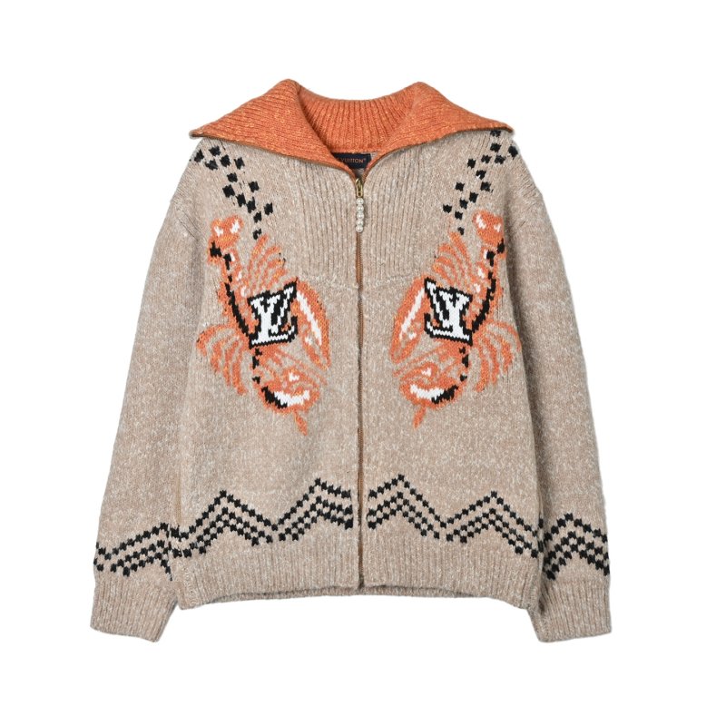 Cream Knit Cardigan with Orange & Black Geometric Pattern view