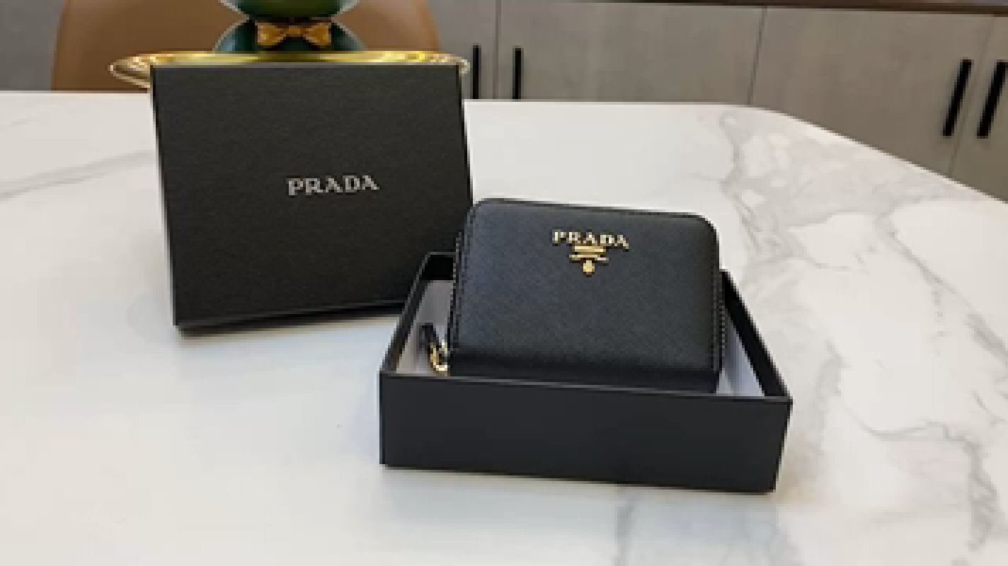 Prada Black Leather Zip Card Wallet