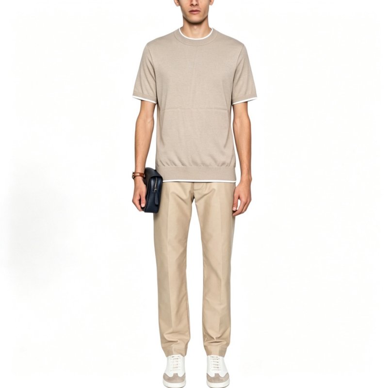 Beige Crew Neck Short Sleeve T-Shirt with Contrast Trim view