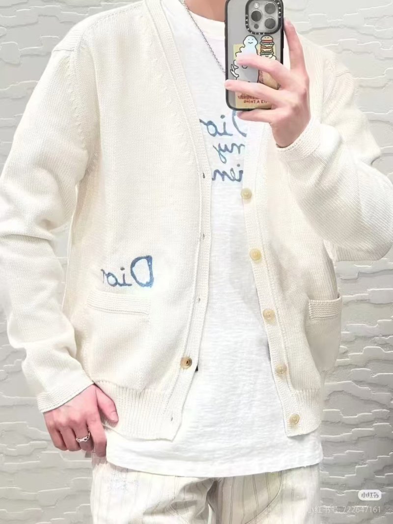 Dior Cream Wool Blend Cardigan with Logo Embroidery view