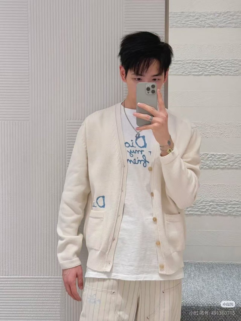 Dior Cream Wool Blend Cardigan with Logo Embroidery view
