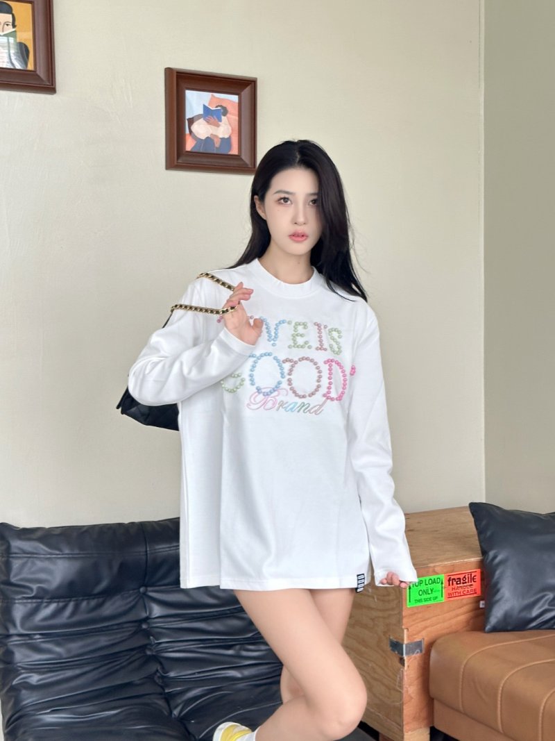 White Oversized Long Sleeve Graphic T-Shirt - Colorful Brand Print
