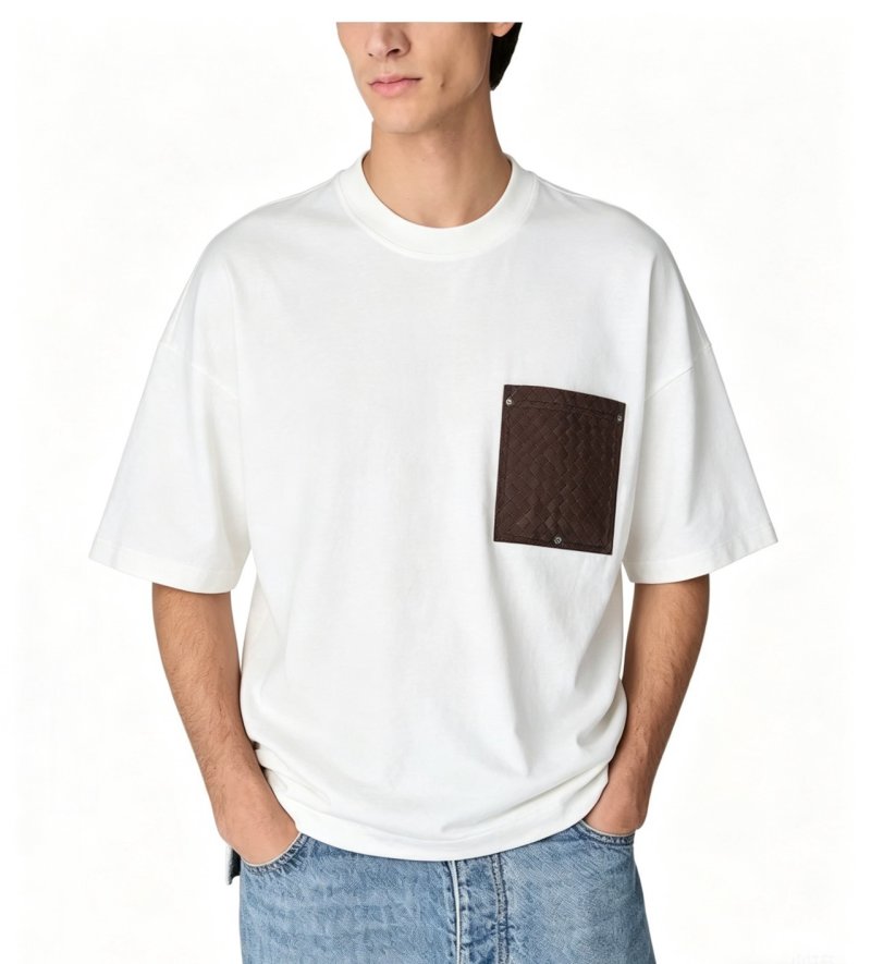 White Short Sleeve T-Shirt with Brown Pocket Detail