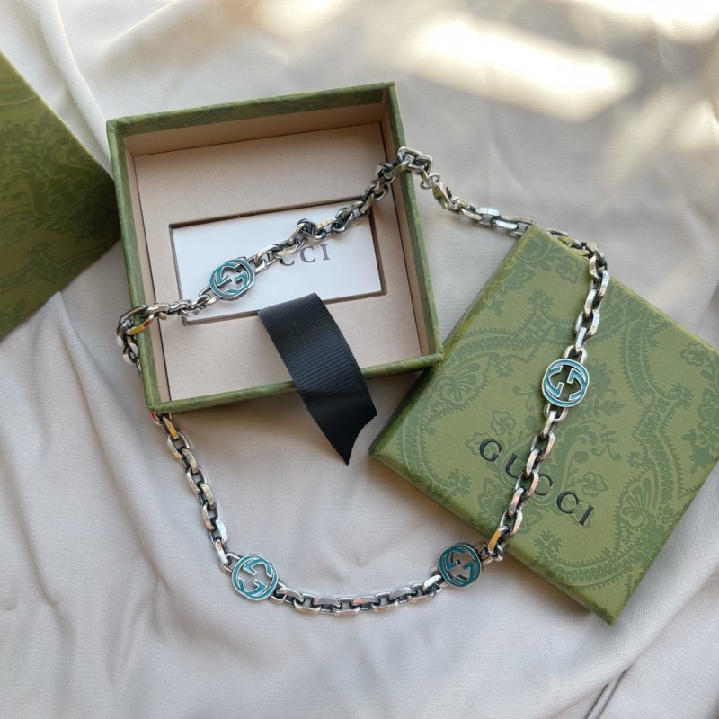 Gucci Double G Enamel Silver Chain Necklace - Green