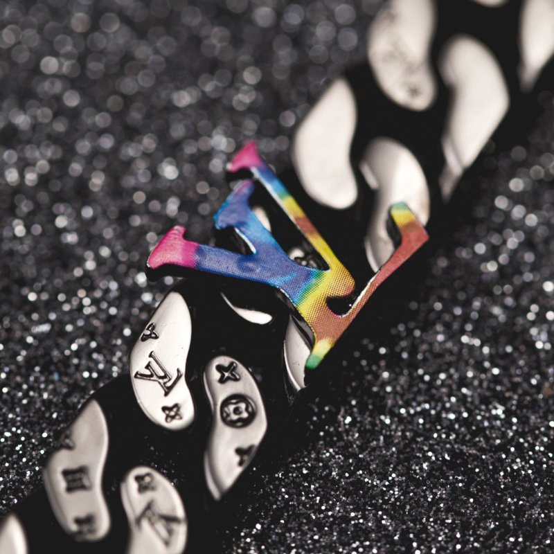 LV Sculpture Polished Chain Bracelet with Rainbow Letter Detail view