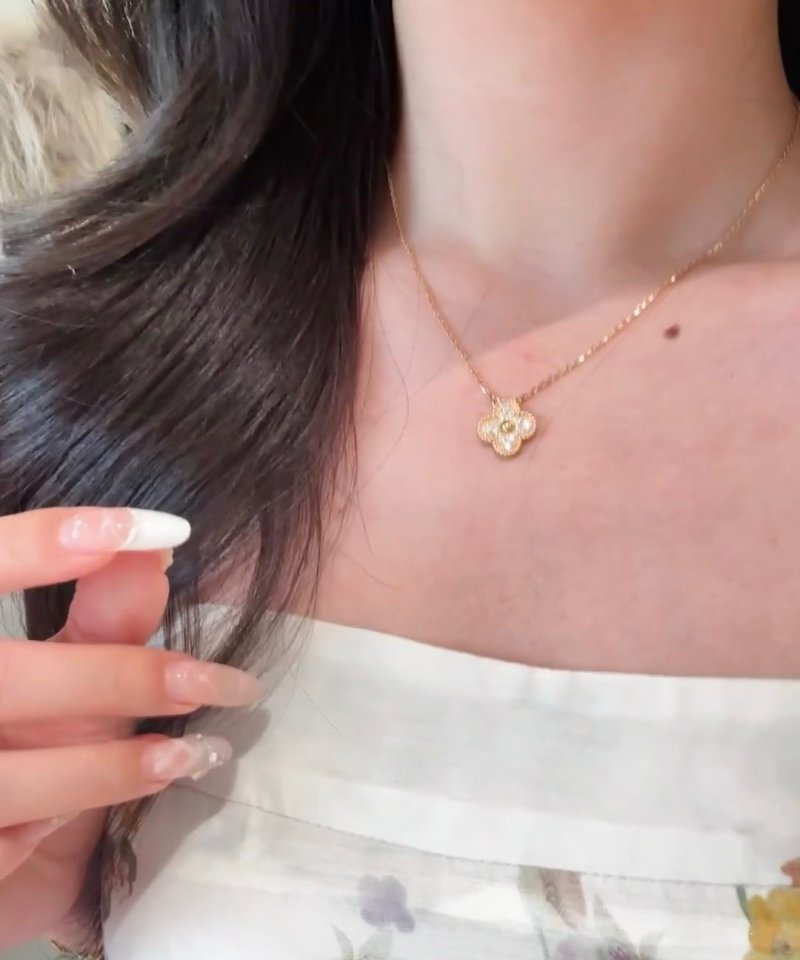 Van Cleef & Arpels Rose Gold Pave Four Leaf Clover Necklace view