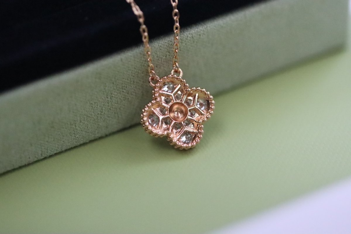 Van Cleef & Arpels Rose Gold Pave Four Leaf Clover Necklace view