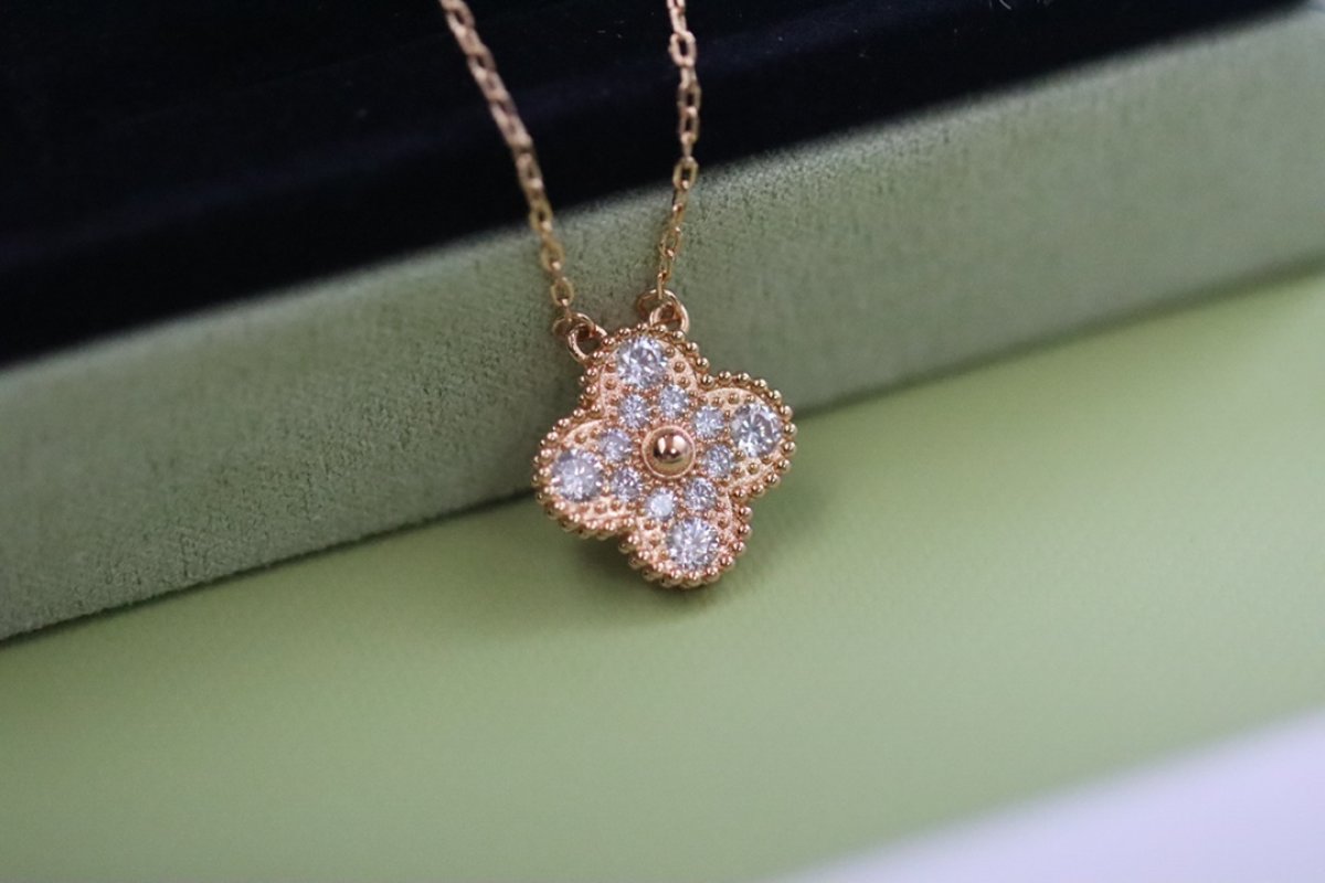 Van Cleef & Arpels Rose Gold Pave Four Leaf Clover Necklace view
