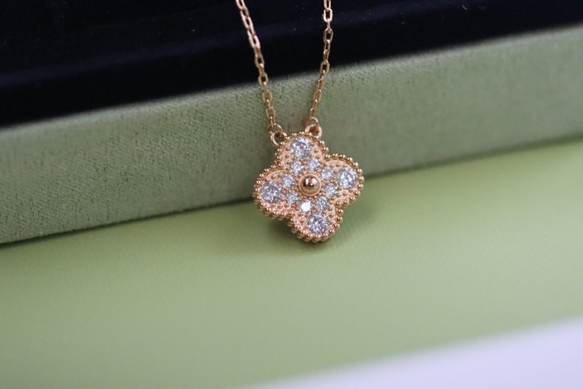 Van Cleef & Arpels Rose Gold Pave Four Leaf Clover Necklace view
