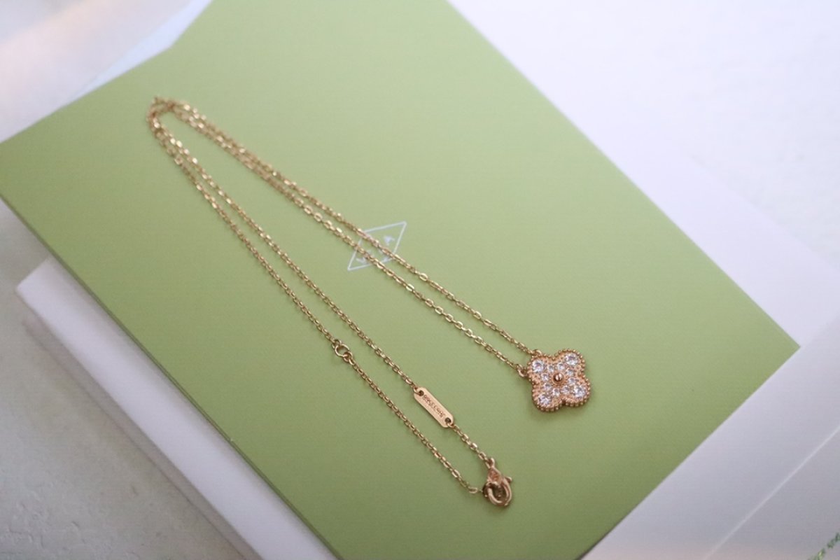 Van Cleef & Arpels Rose Gold Pave Four Leaf Clover Necklace view