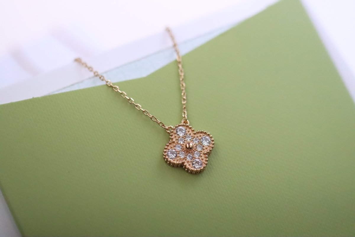 Van Cleef & Arpels Rose Gold Pave Four Leaf Clover Necklace view