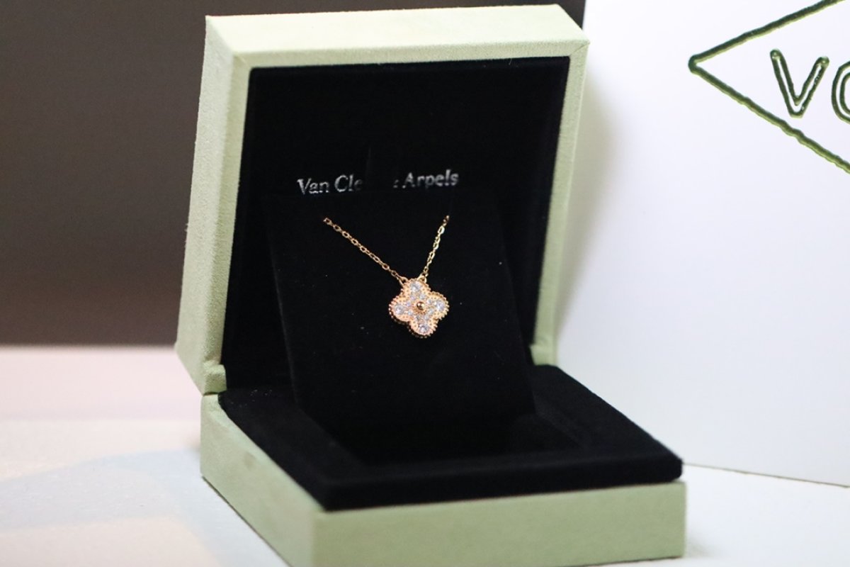 Van Cleef & Arpels Rose Gold Pave Four Leaf Clover Necklace view