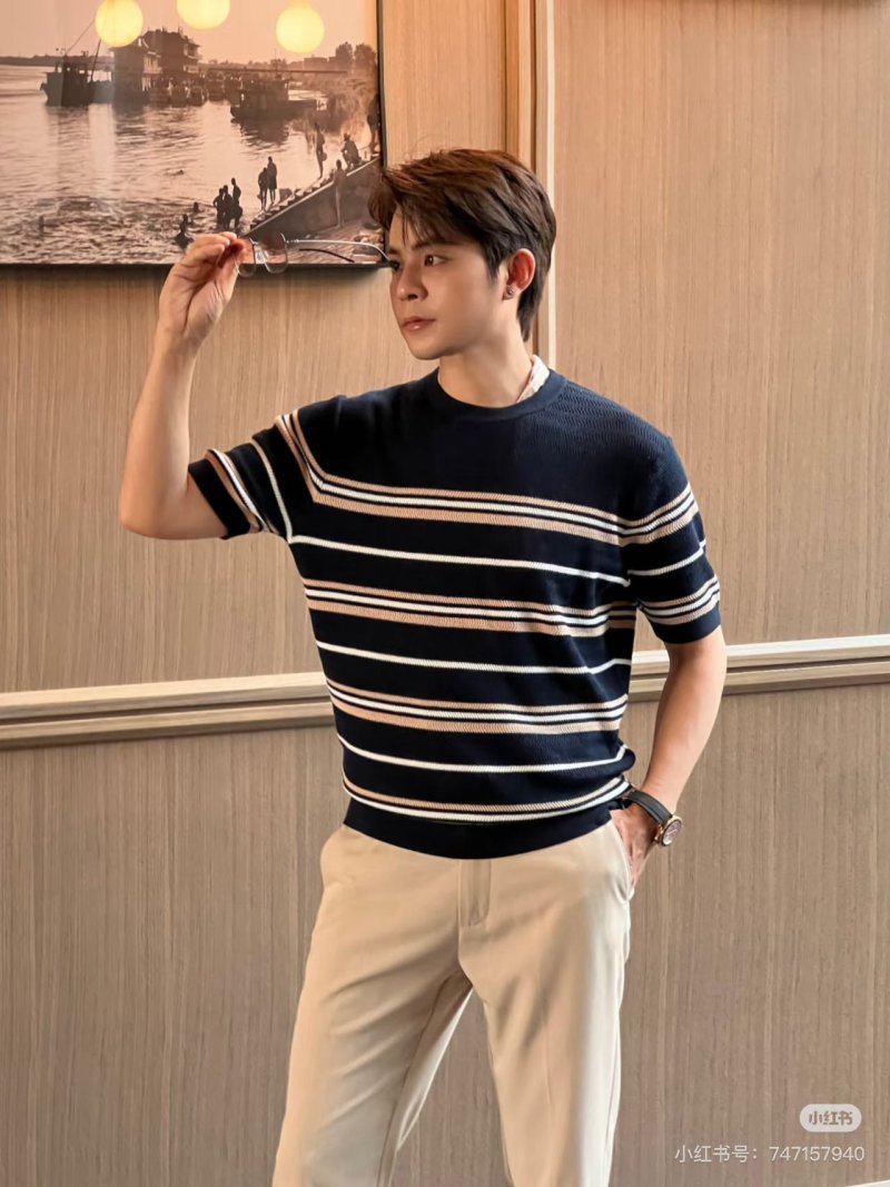 Loro Piana Striped Wool Knit T-Shirt Navy & Cream view