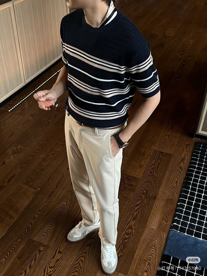 Striped Crewneck T-Shirt - Navy Blue & Cream view