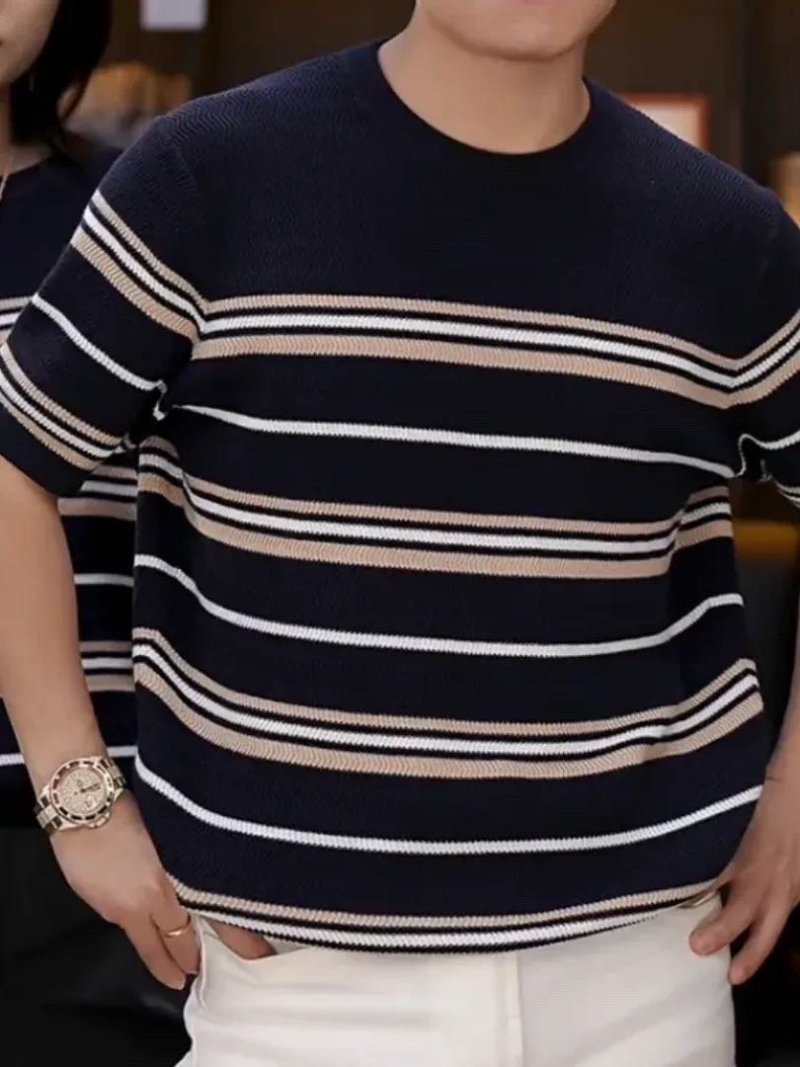 Striped Crewneck T-Shirt - Navy Blue & Cream view