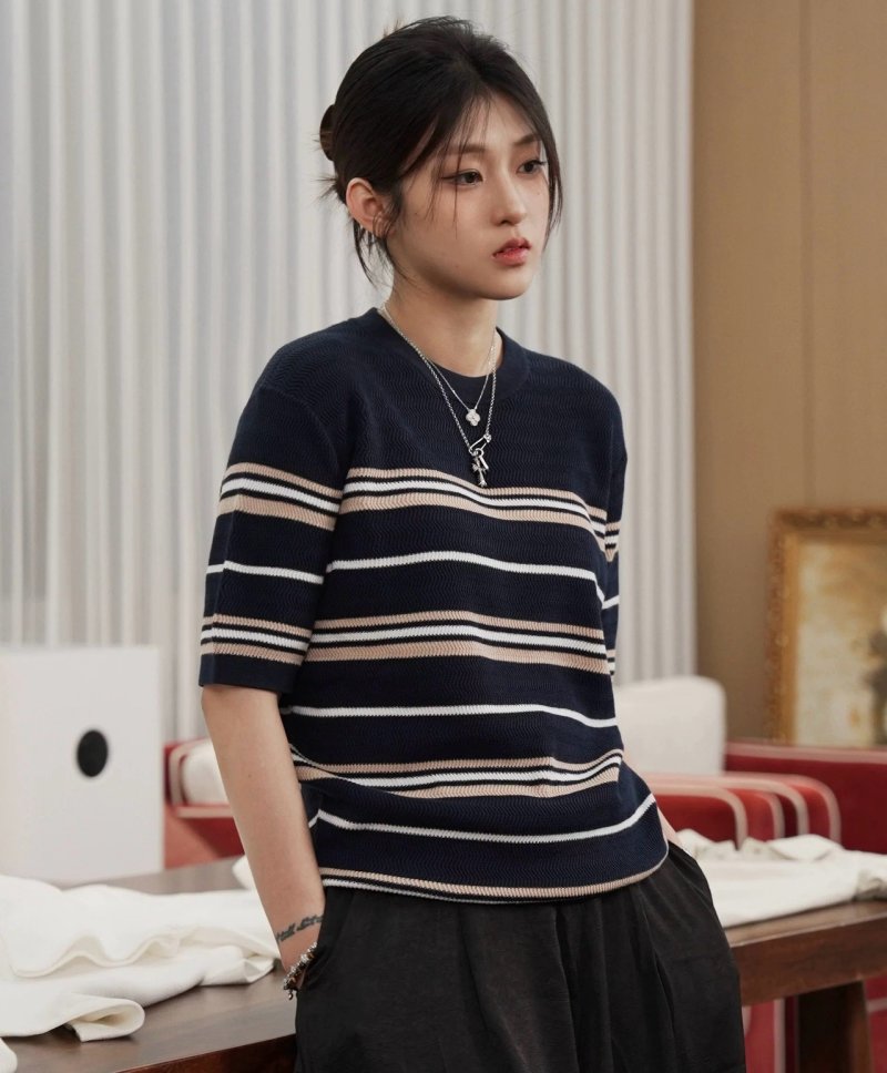 Striped Crewneck T-Shirt - Navy Blue & Cream view