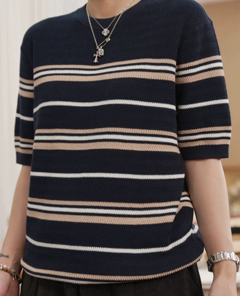 Striped Crewneck T-Shirt - Navy Blue & Cream view