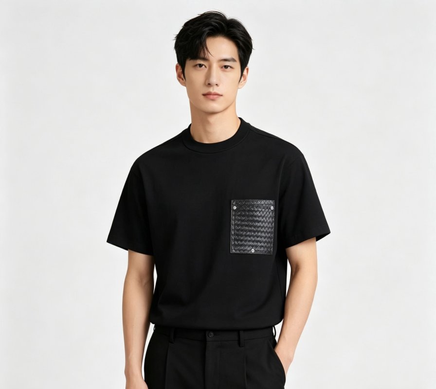 Black Oversized T-Shirt with Woven Pocket Detail